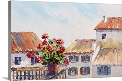 Red Roses In Balcony, Beautiful Rooftops In Summer, Colorful