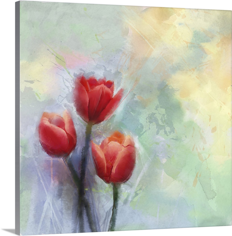 Red tulip, originally a flowers painting. Flowers in soft color and blur style for background. Vintage painted flowers.