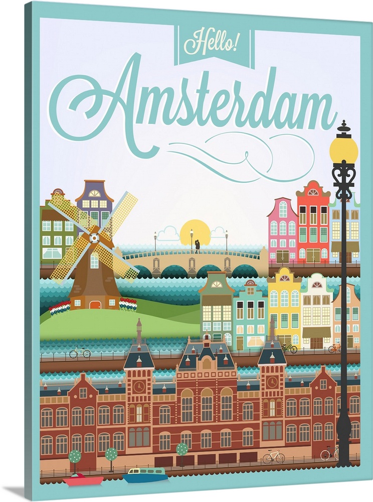 Retro style poster with Amsterdam symbols and landmarks.