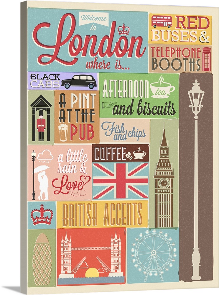 Retro style poster with London symbols and landmarks.