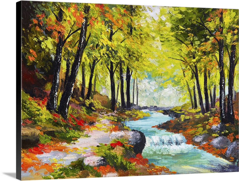 Originally an oil painting of a river in autumn forest.