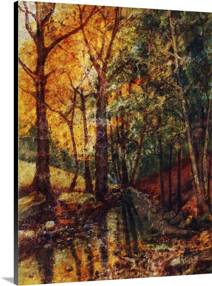 Originally a landscape oil painting with river in autumn forest. Vintage structure background.