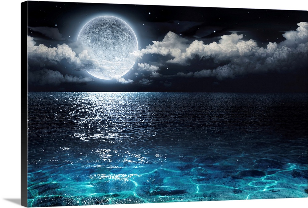 Romantic and scenic panorama with full moon on sea to night.