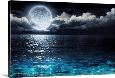 Romantic And Scenic Panorama With Full Moon On Sea To Night