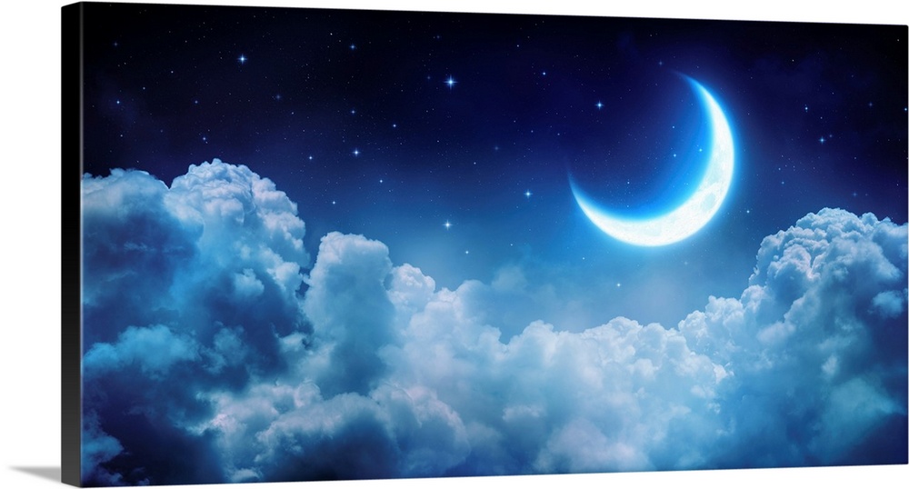Romantic moon in starry night over clouds.
