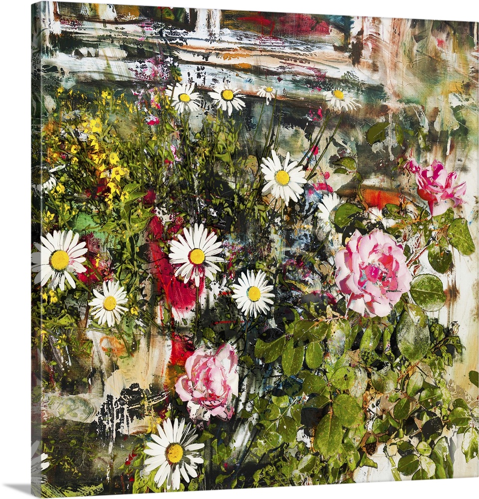 Roses and daisies under the window, originally mixed media.