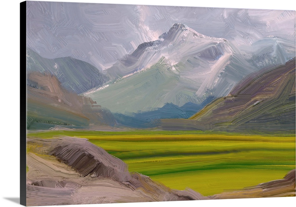 2D illustration. Originally an oil painting of landscape art. Rural mountain region. Colorful green field and grass. Summe...