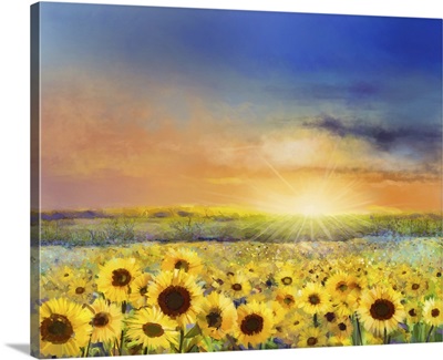 Rural Sunset Landscape With A Golden Sunflower Field