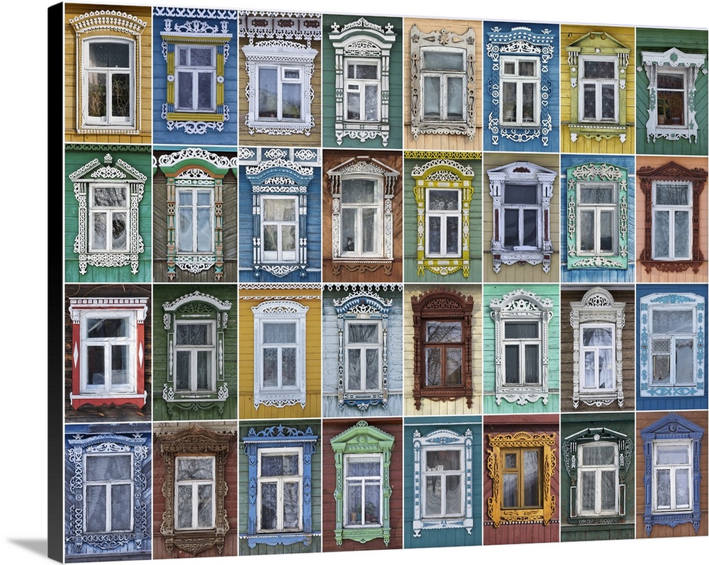 Collage of 32 windows with architraves.