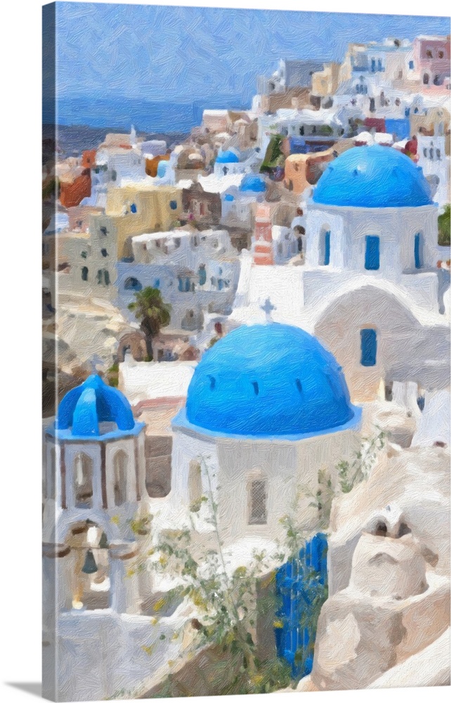 Originally a digital oil painting of a few of the famous blue domed churches from Oia on the Greek isle of Santorini.