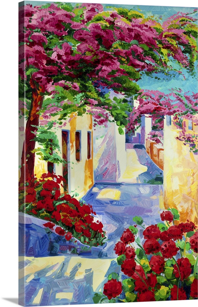 Originally an oil painting showing blue churches and white houses of Oia village at Santorini island with tree and flowers.