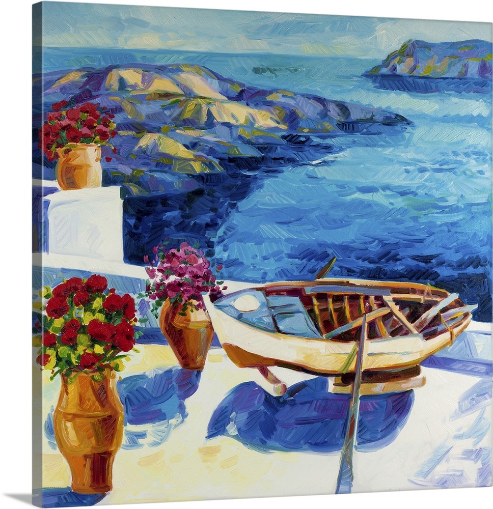 Original oil painting showing white houses and flowers of Oia village at Santorini island with sea view.