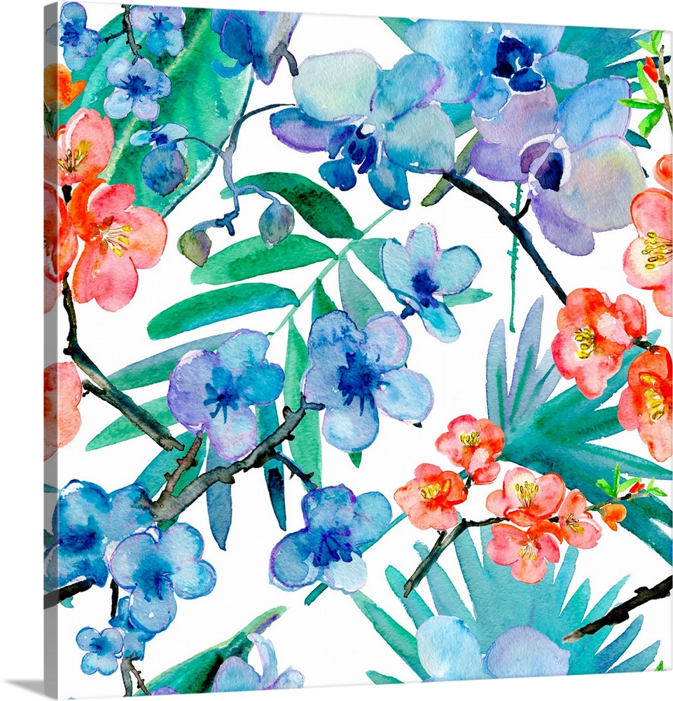 Seamless pattern of exotic flowers and leaves.