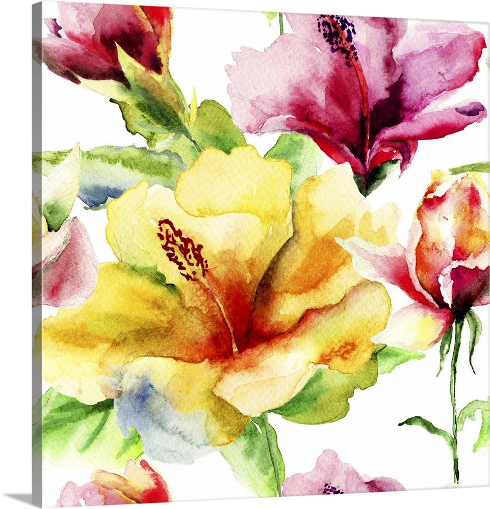Seamless pattern with original summer flowers, originally watercolor illustration.