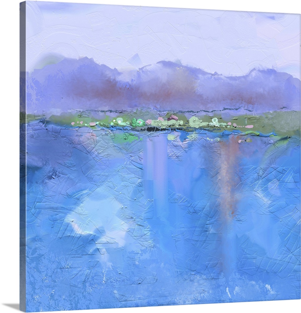 Originally an abstract oil painting landscape on canvas. Semi- abstract image of hill and blue river with sky. Spring seas...