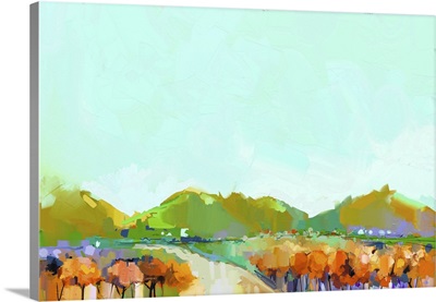 Semi-Abstract Image Of Hill, River And Tree In Yellow, Orange And Green With Blue Sky