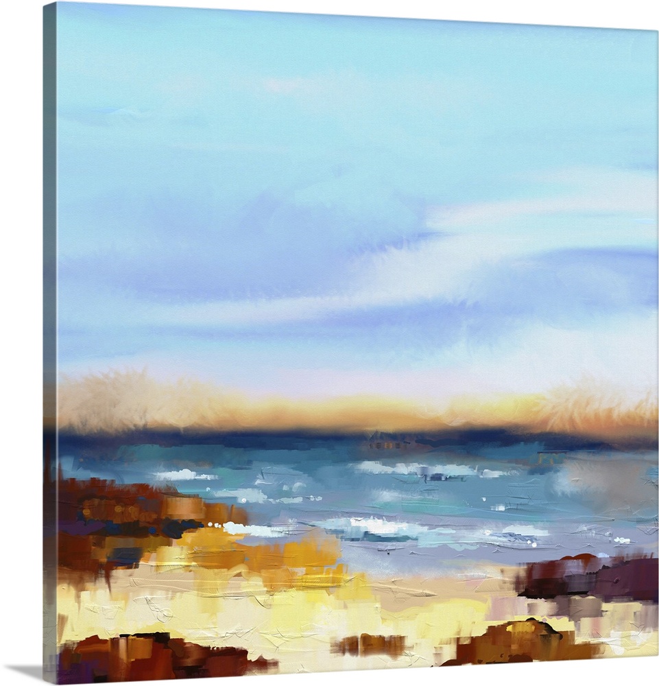 Originally an abstract oil painting seascape on canvas. Semi- abstract image of sea and beach with waves, rocks and blue s...