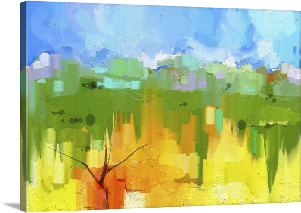 Originally an abstract oil painting landscape on canvas. Semi- abstract image of tree in yellow and green field with blue ...