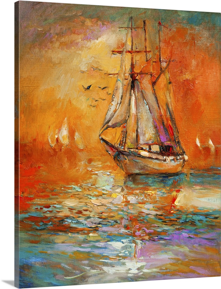 Originally an oil painting of a ship and sea on canvas. Golden sunset over ocean. Modern impressionism.