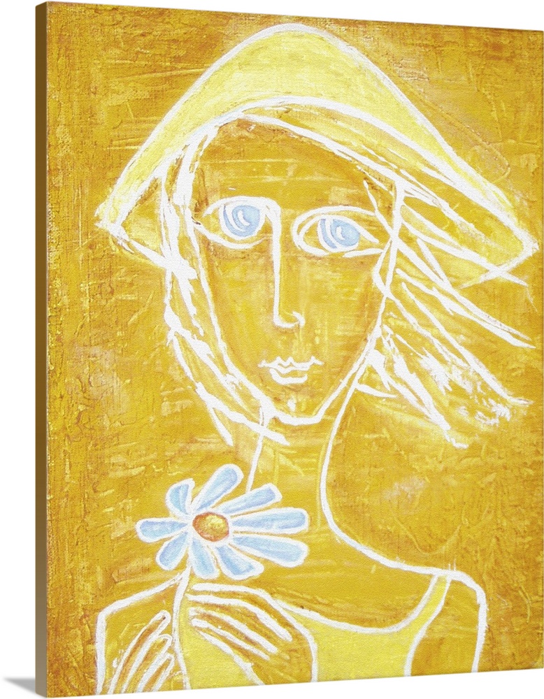 Originally an abstract acrylic painting. Silhouette of sunny girl with blue eyes and blue flower in her hands on a yellow ...