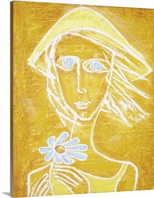 Silhouette Of Sunny Girl With Blue Eyes And Blue Flower In Her Hands
