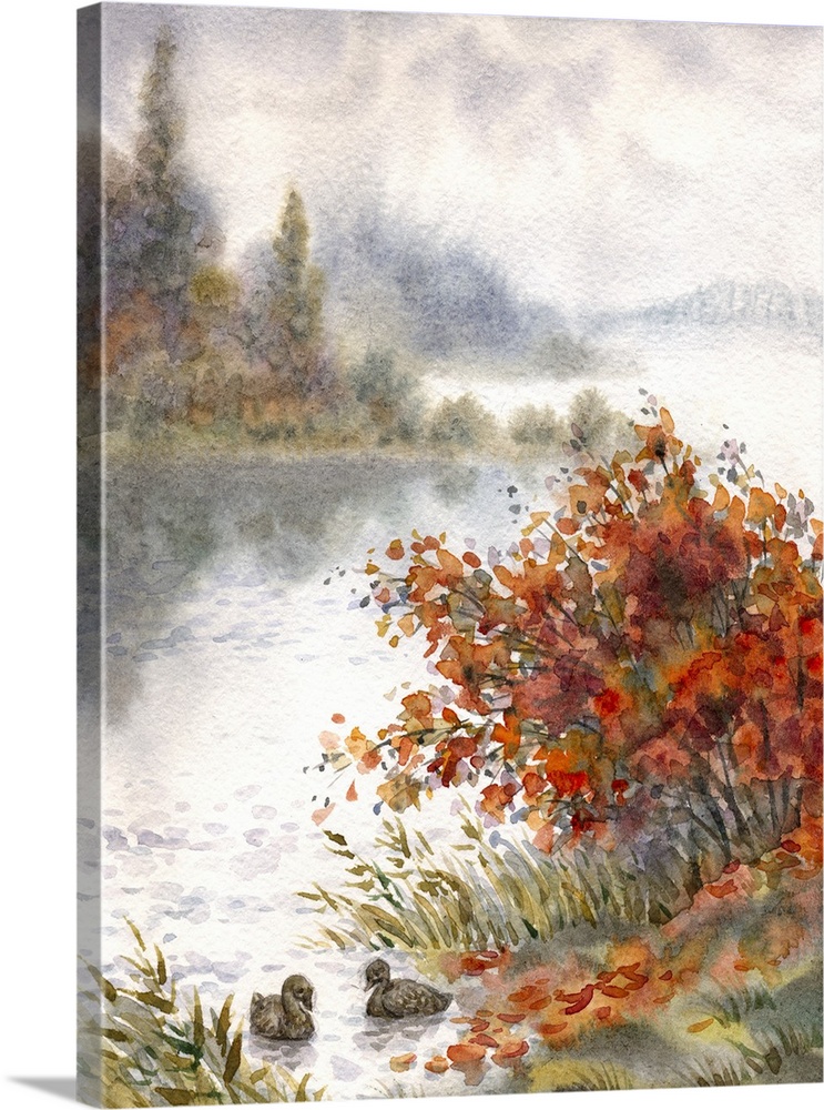 Watercolor landscape of an autumn lake with a pair of ducks behind a bush on the shore.