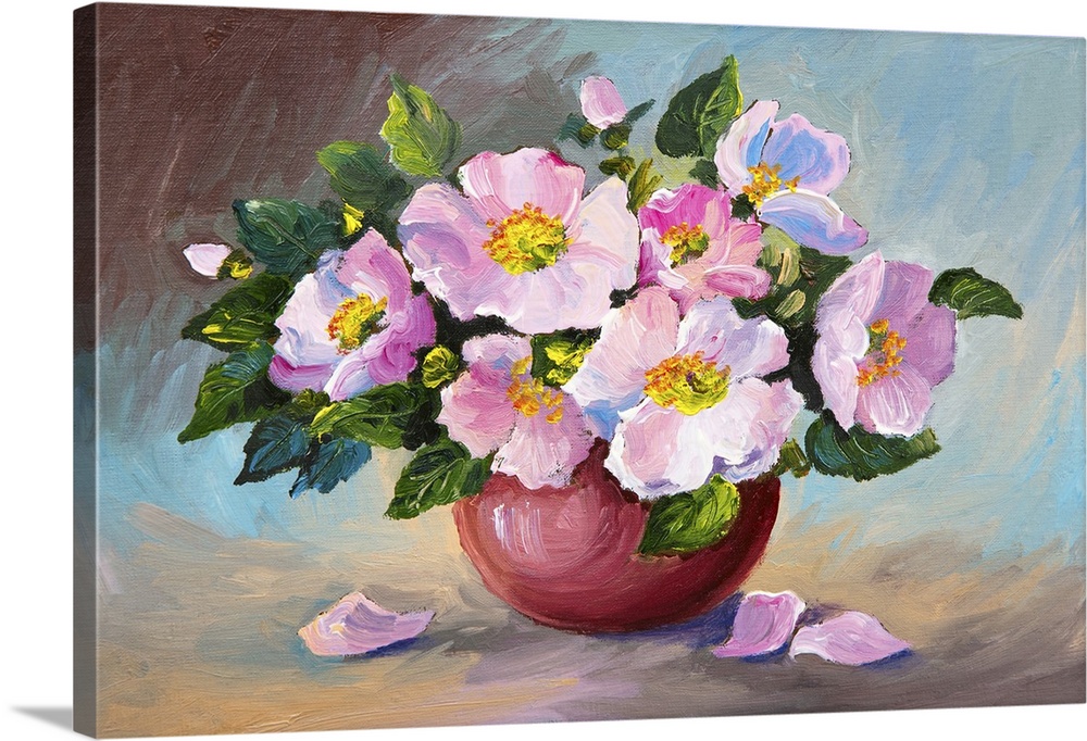 Originally an oil painting of spring pink wild roses in a vase on canvas.