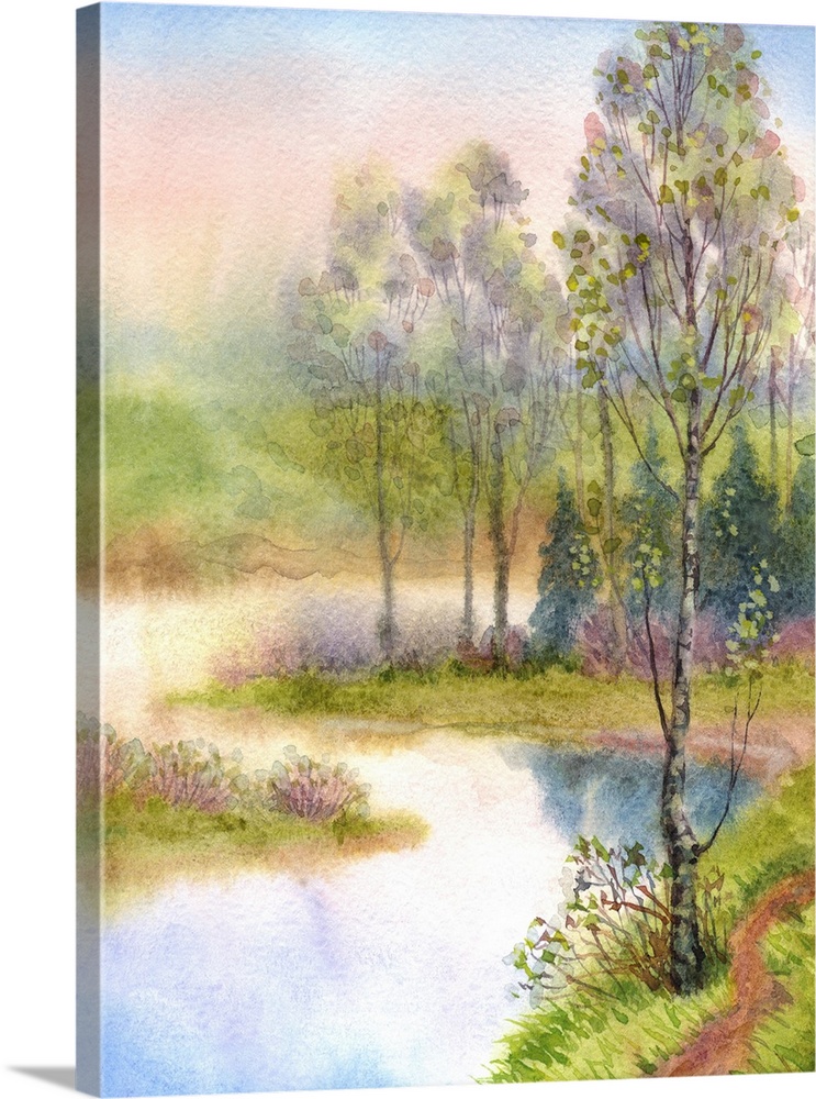 Watercolor landscape of young trees and a calm lake on a quiet spring evening.