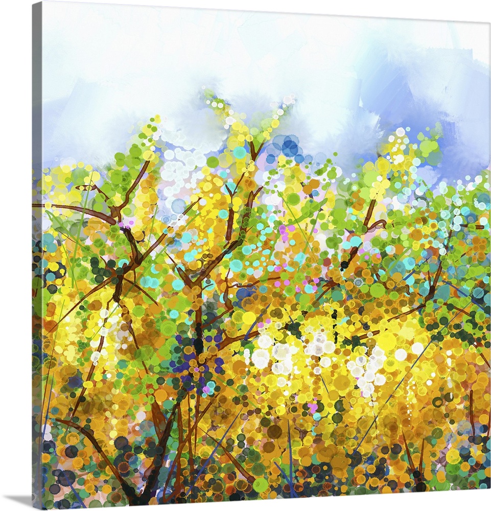 Spring yellow flowers wisteria tree with soft yellow and blue color background.