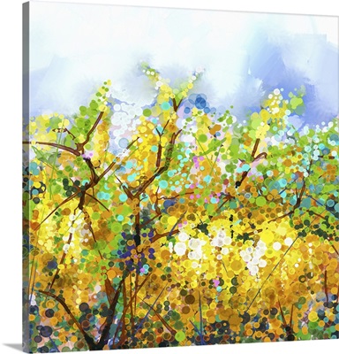 Spring Yellow Flowers, Wisteria Tree With Soft Yellow And Blue Color Background