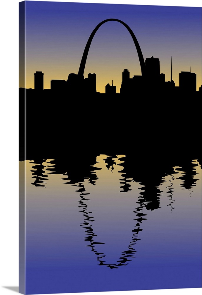 A silhouette of downtown Saint Louis, Missouri. It's reflection appears in the Mississippi.