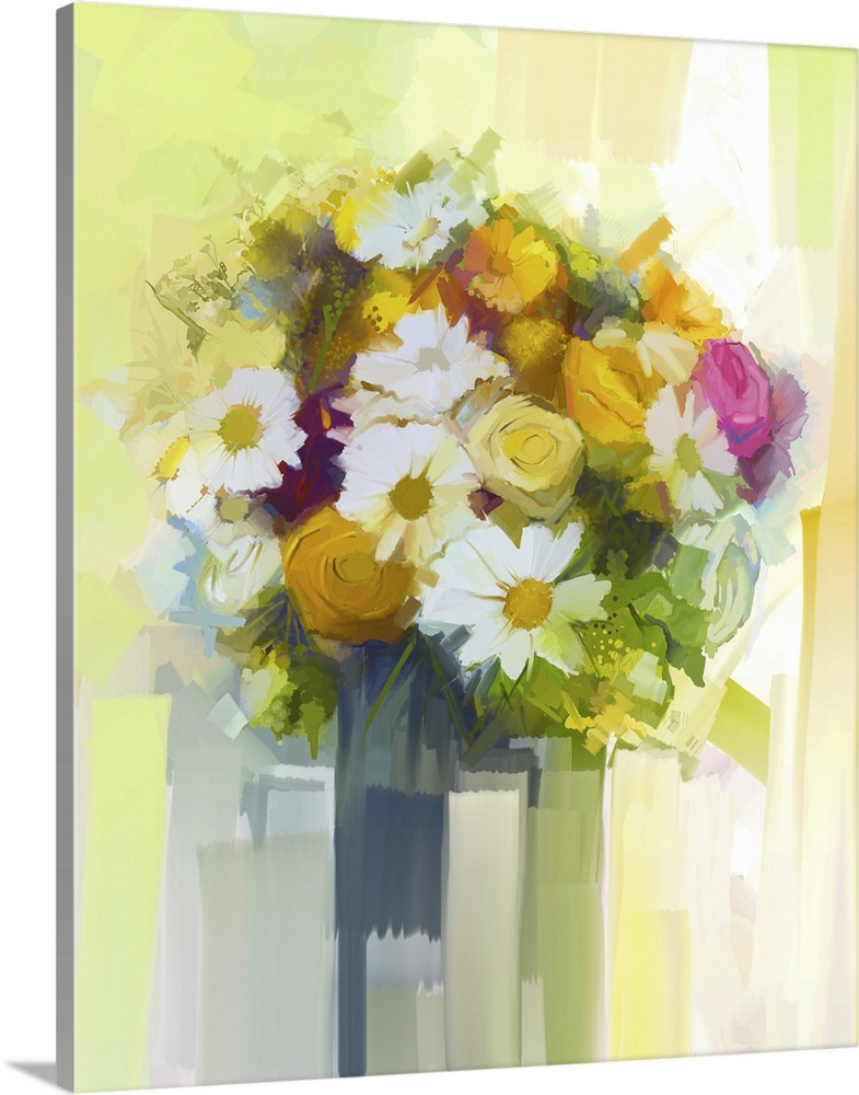 Still life a bouquet of flowers. Originally an oil painting white red and yellow flowers in vase. Originally a hand painte...