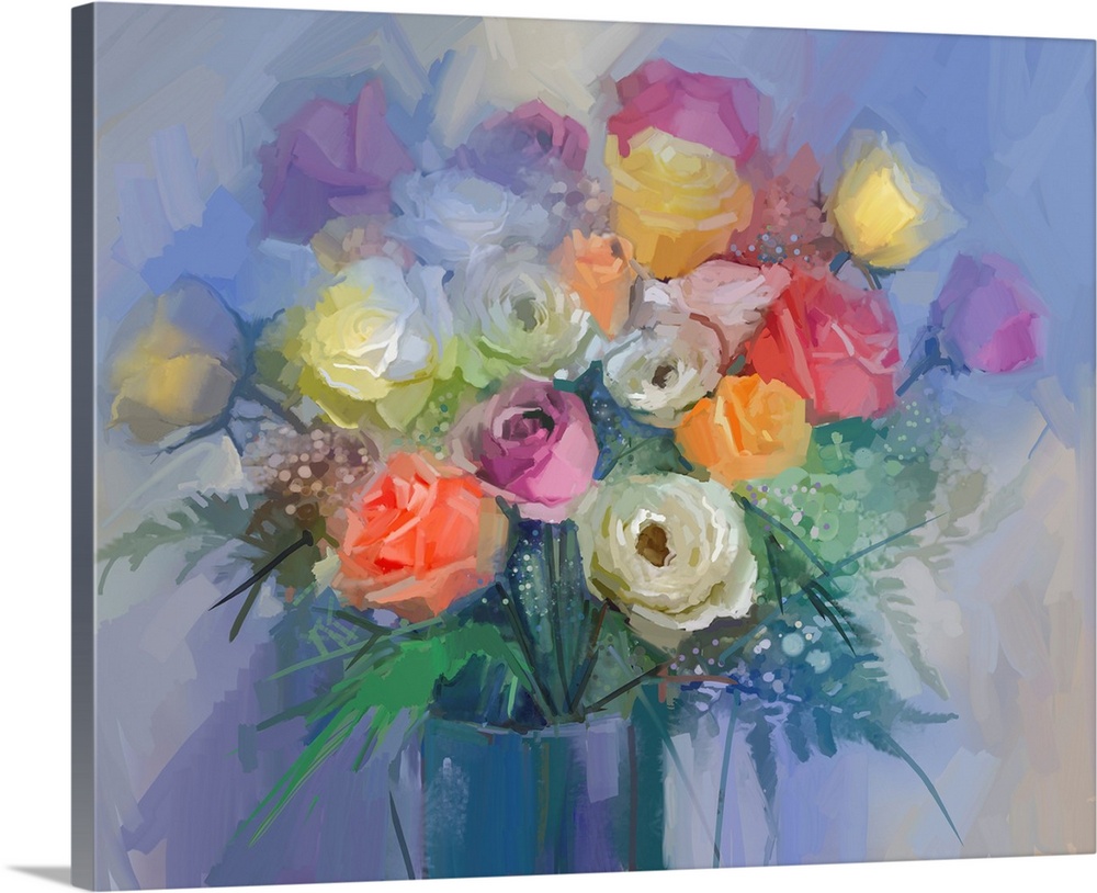 Still life a bouquet of flowers. Originally an oil painting red and yellow rose flowers in vase. Hand painted floral in so...