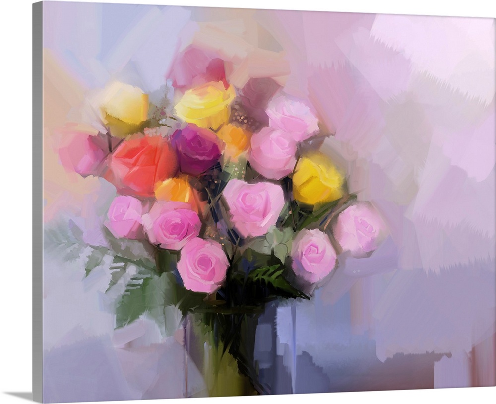 Still life a bouquet of flowers. Originally an oil painting red and yellow rose flowers in vase. Originally a hand painted...