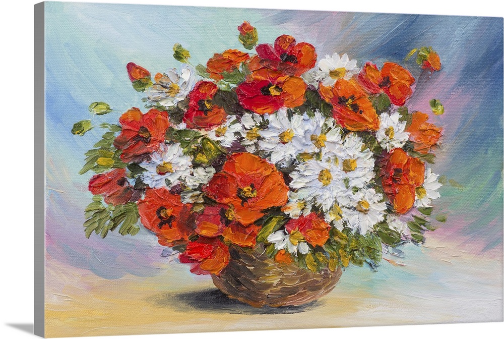 Originally an oil painting of still life. Originally an abstract watercolor bouquet of poppies and daisies.