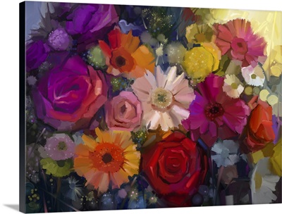 Still Life Of Colorful Bouquet Of Rose, Daisy And Gerbera Flowers
