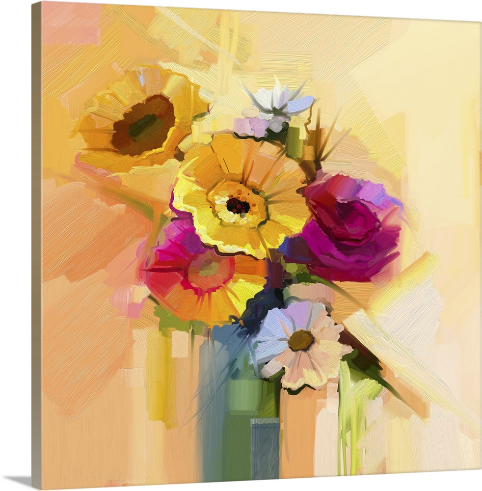 Originally an oil painting still life of white, yellow and red flower. Originally a hand painted floral gerbera, daisy, su...