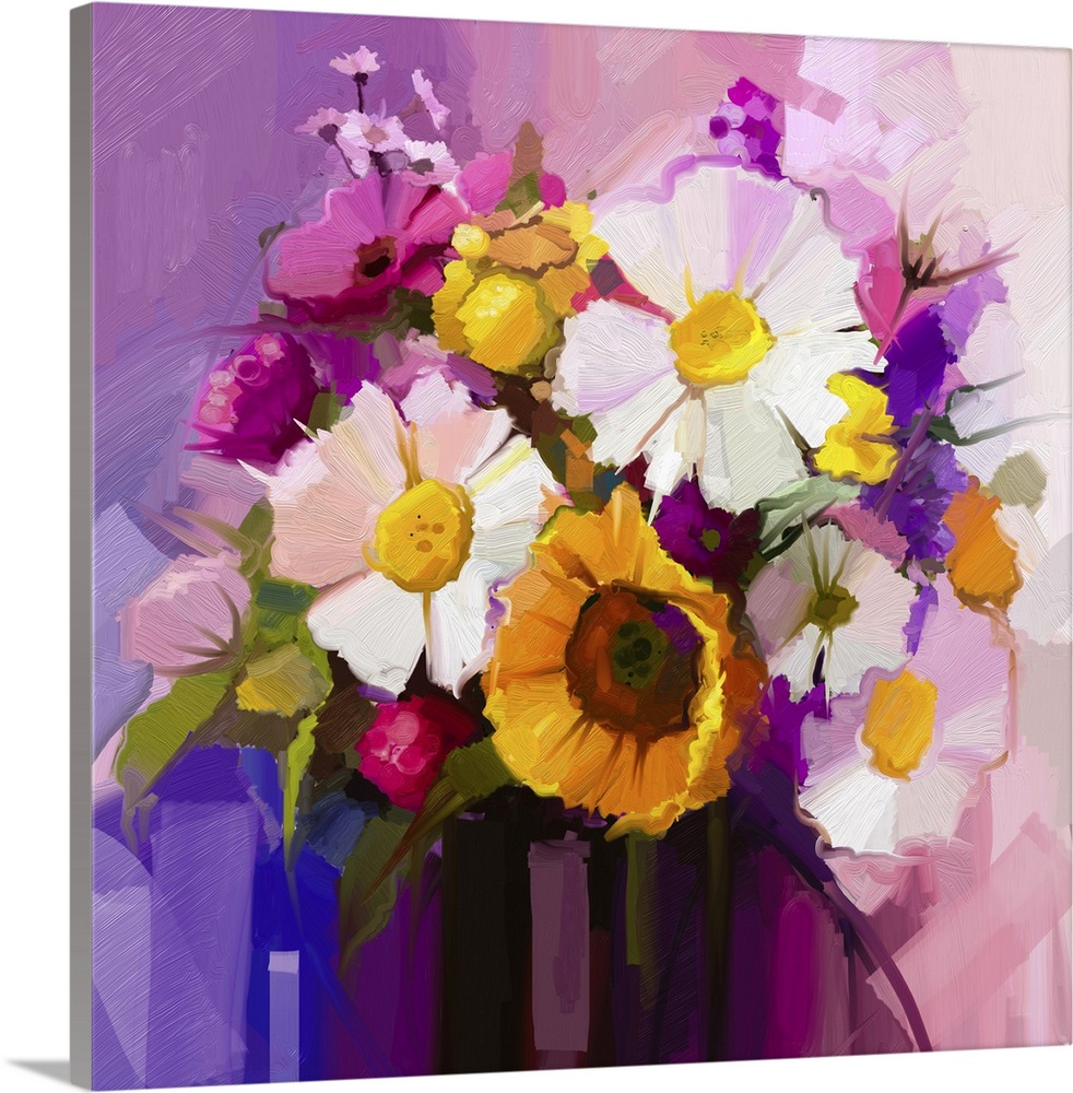 Originally an oil painting still life of white, yellow and red flower. Hand painted floral gerbera, daisy and sunflower an...