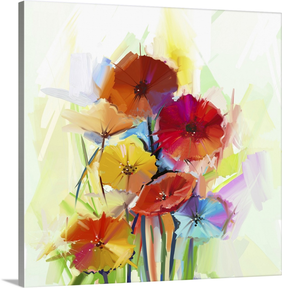 Originally an abstract oil painting of spring flowers. Still life of yellow and red gerbera flowers. Originally hand paint...