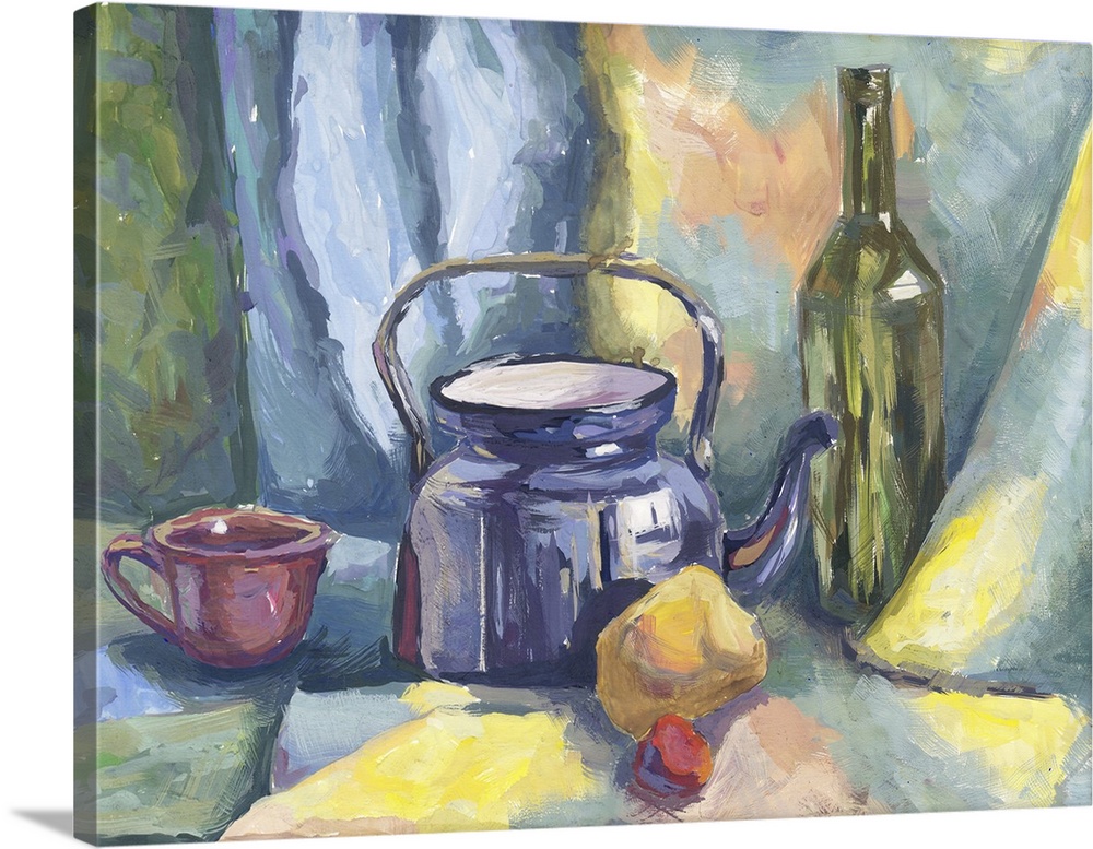 Still life with metal teapot and bottle. Originally a gouache painting on paper.