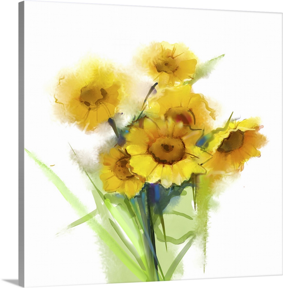 Originally an oil painting still life yellow sunflowers with green leaf on white background. Originally an hand painted fl...