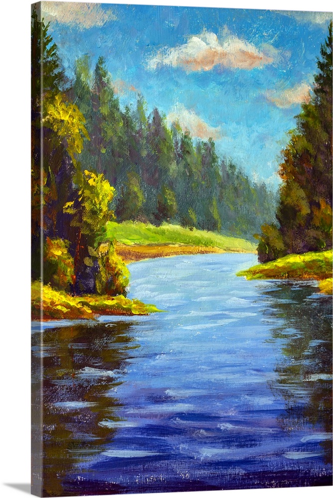 Forest landscape with river. Originally oil on canvas.