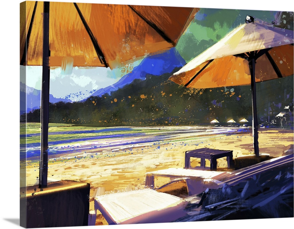 Sun Umbrellas And Loungers On Beach