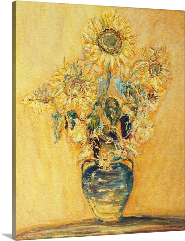 Originally an oil painting of bright colorful sunflower bouquet over a yellow-orange background.