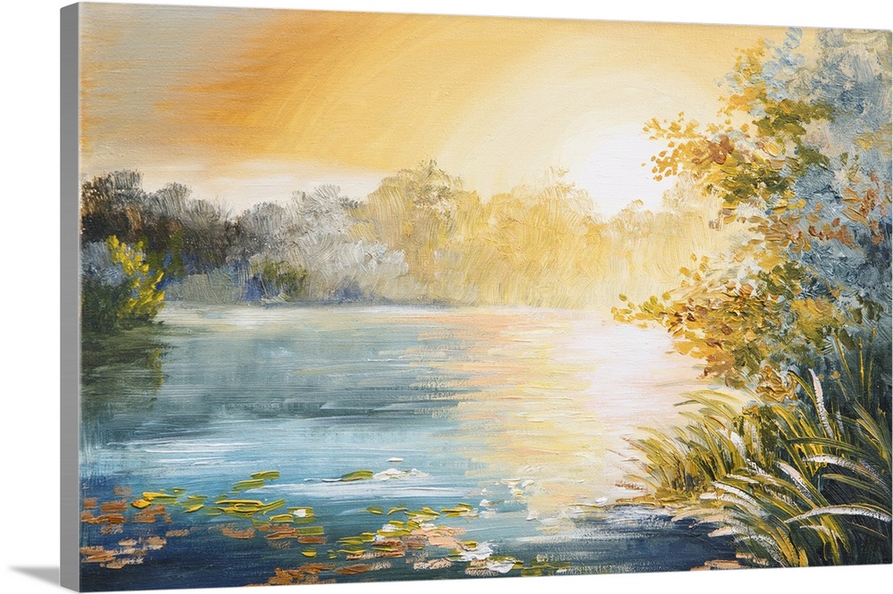 Originally painting of sunset on the lake, bright sunset.