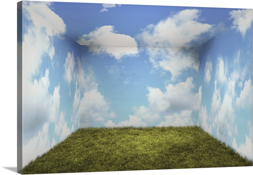 Surreal room with grass and clouds.