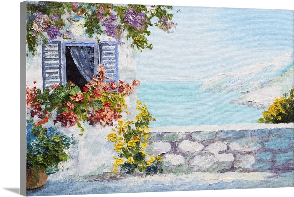 Originally an oil landscape painting of terrace near sea, flowers.