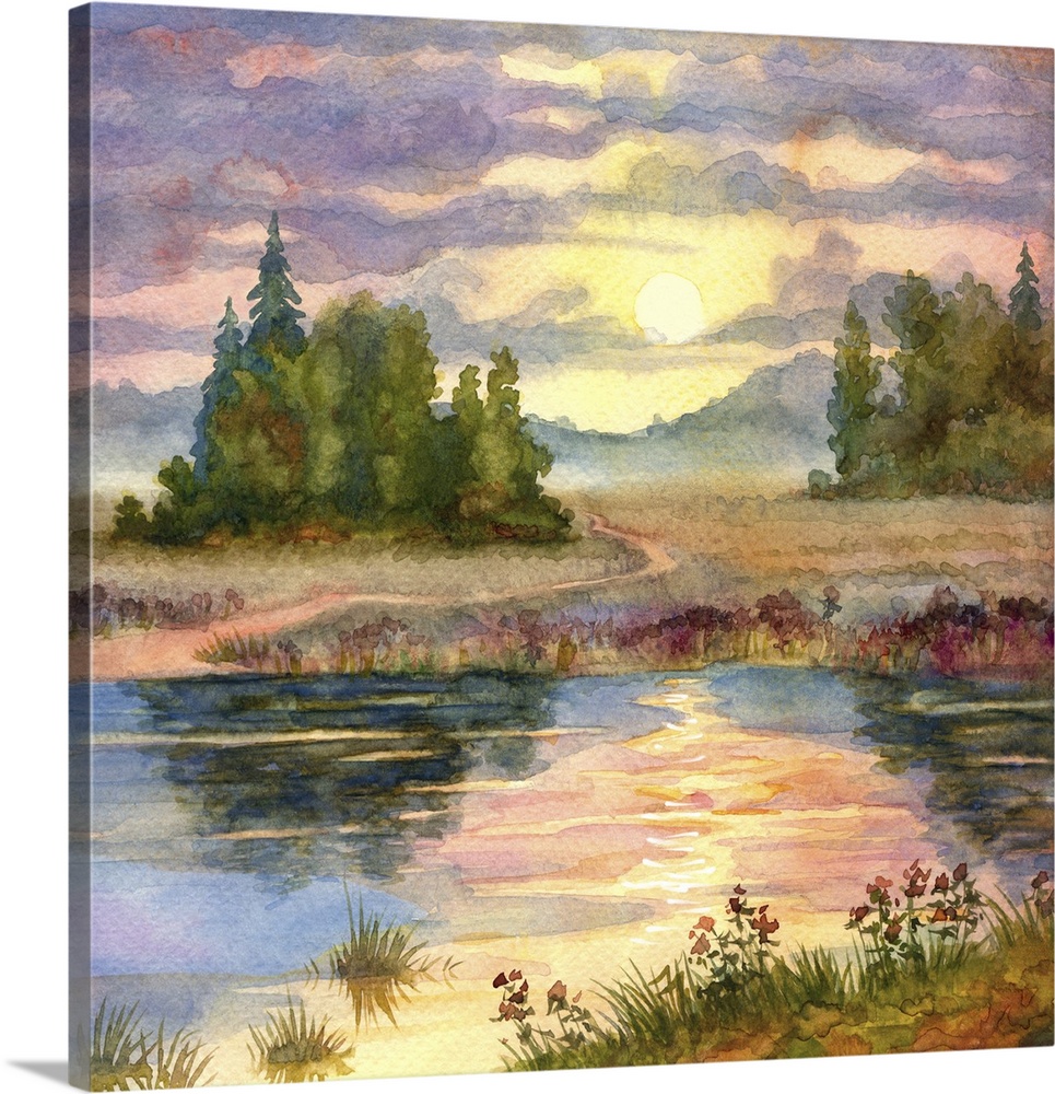 Originally a watercolor landscape of the glow of sunset over a calm lake.
