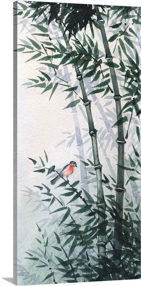 A little bird sits on a flexible stalk of bamboo in the wind in a bamboo grove.