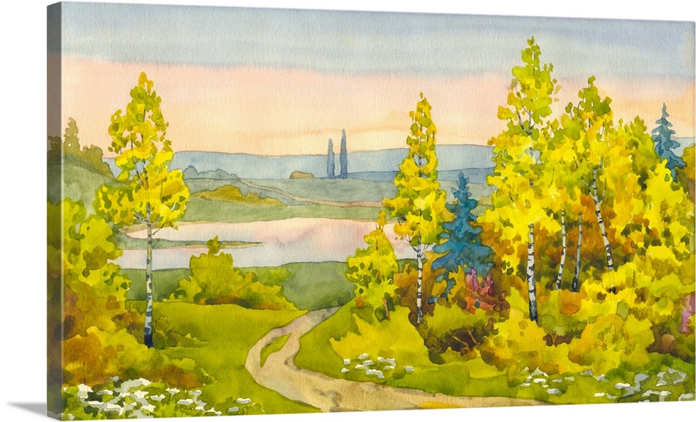 Watercolor landscape of a narrow path winding its way among the yellowing of young trees to a lake in the valley.